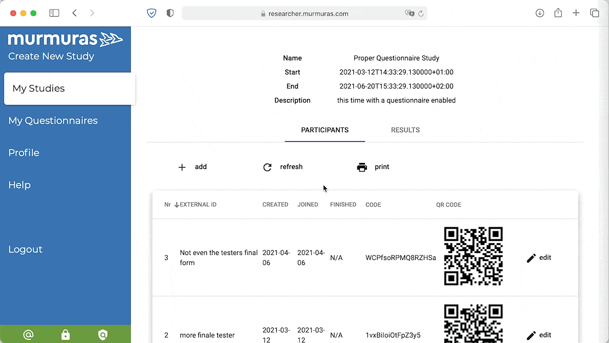 Screen recording showing how to download app-session data from the Murmuras Researcher Portal